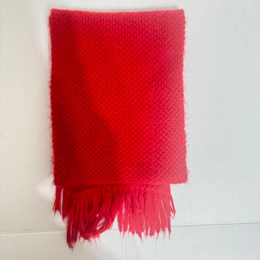 Aris Vintage Red Knit Scarf Fringe Made in USA Textured Winter Accessory